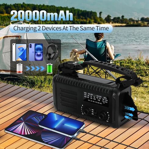 20000mAh / 74000mWh Emergency Crank Radio, NOAA/AM/FM Portable Weather Radio, Solar Hand Crank Radio, Battery Powered with USB Phone Charger, Flashlight Reading Lamp & SOS for Survival Camping in Kuwait