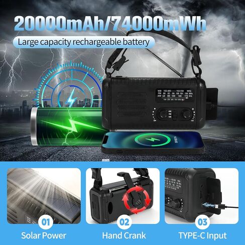 20000mAh / 74000mWh Emergency Crank Radio, NOAA/AM/FM Portable Weather Radio, Solar Hand Crank Radio, Battery Powered with USB Phone Charger, Flashlight Reading Lamp & SOS for Survival Camping in Kuwait