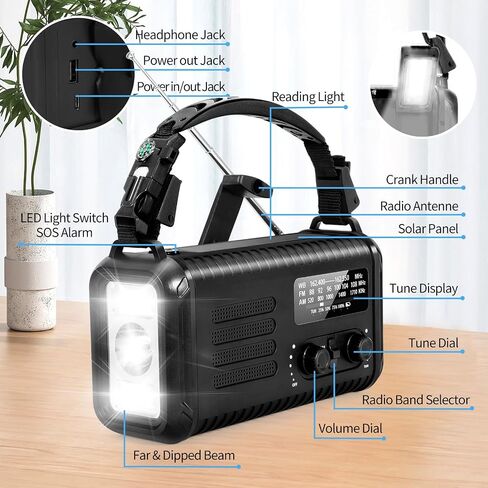 20000mAh / 74000mWh Emergency Crank Radio, NOAA/AM/FM Portable Weather Radio, Solar Hand Crank Radio, Battery Powered with USB Phone Charger, Flashlight Reading Lamp & SOS for Survival Camping in Kuwait
