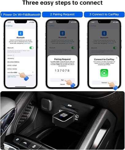 Wireless CarPlay Adapter – Upgrade Wired to Wireless, Mini USB/Type-C Design, OTA Updates, Fast Connection for iPhone 6+, Dual-Band Wi-Fi in Kuwait