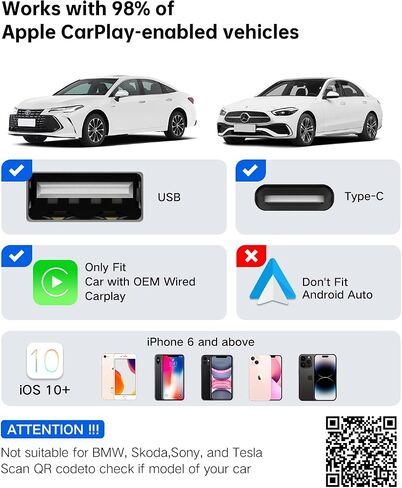 Wireless CarPlay Adapter – Upgrade Wired to Wireless, Mini USB/Type-C Design, OTA Updates, Fast Connection for iPhone 6+, Dual-Band Wi-Fi in Kuwait