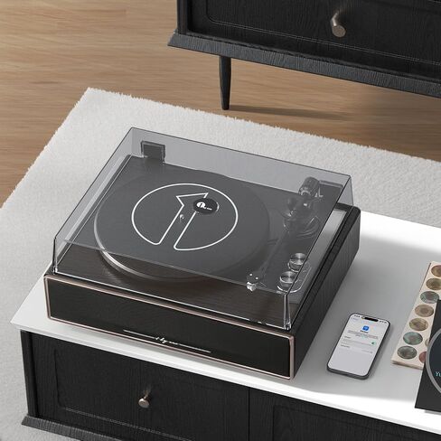 1 by ONE Record Player, Vinyl Record Player with Built-in 4 Stereo Speakers, Hi-Fi Wireless Turntable with Dual Speeds, Magnetic AT-3600L Cartridge, RCA Output, Walnut Wood in Saudi Arabia