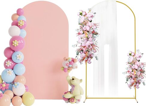 Putros 7.2ft Metal Arch Stand with Cover Pink Spandex Fitted Wedding Arch Cover and Round Top Chiara Backdrop Stand Set for Birthday Party Baby Shower Decoration in Saudi Arabia