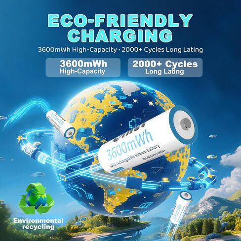 8-Pack Rechargeable AA Lithium Batteries with Fast Charger | 1.5V 3600mWh High Capacity | 2000+ Cycles | Type-C Charging | Compatible with Cameras, Toys, and More in Saudi Arabia