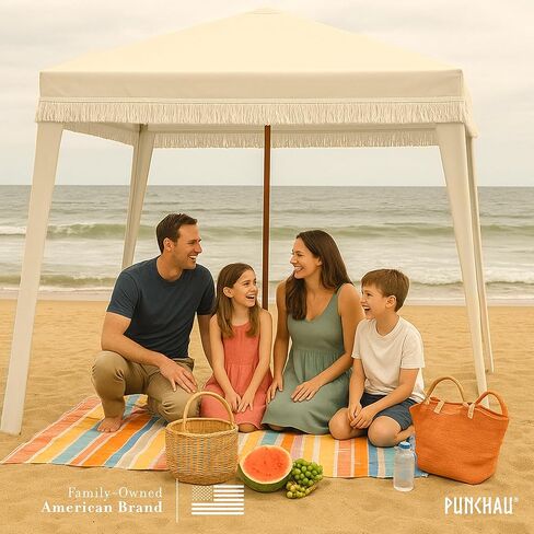 Beach Cabana with Fringe - 6x6 Ft. Boho Beach Canopy Umbrella Tent, Portable Umbrellas for Sand with Carry Bag & Sandbag Pockets, Instant Sun Shade Canopy Tent for Beaches & Backyards in Kuwait