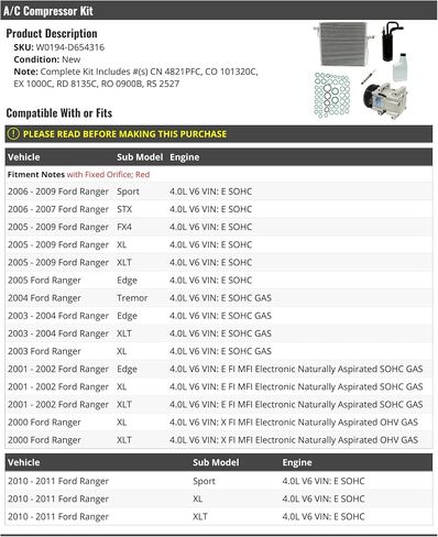 مجموعة ضاغط A/C - متوافقة مع 2000-2011 Ford Ranger 4.0L V6 VIN E SOHC (مع فتحة ثابتة ، أحمر) in Saudi Arabia