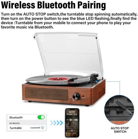 تسجيل مشغل مع مكبرات صوت عتيقة القرص الدوار الذي يحركه الحزام لسجلات الفينيل تدعم Bluetooth الدوار 3 سرعات ، سماعة الرأس ، خط RCA ، Aux-in لاعبين LP Home Decoration Wooden in Kuwait