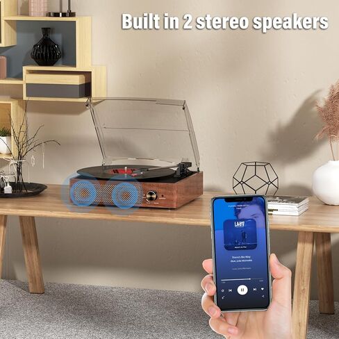 تسجيل مشغل مع مكبرات صوت عتيقة القرص الدوار الذي يحركه الحزام لسجلات الفينيل تدعم Bluetooth الدوار 3 سرعات ، سماعة الرأس ، خط RCA ، Aux-in لاعبين LP Home Decoration Wooden in Kuwait