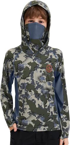 Bassdash Youth Upf 50+ قميص Hoodie Hoodie Camo مع Gaiter Quick Dry Long Sleeve Tee لصيد الصيد المشي لمسافات طويلة FS02Y in Saudi Arabia