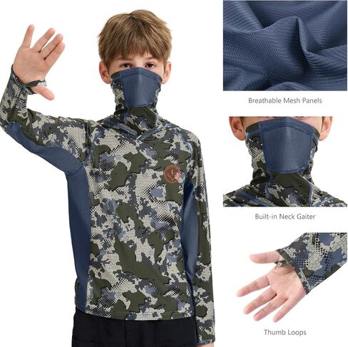 Bassdash Youth Upf 50+ قميص Hoodie Hoodie Camo مع Gaiter Quick Dry Long Sleeve Tee لصيد الصيد المشي لمسافات طويلة FS02Y in Saudi Arabia