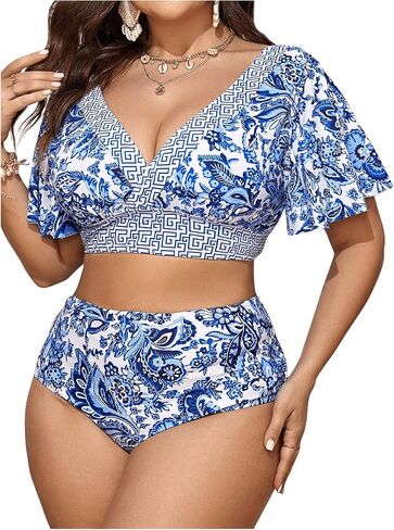 Oyoangle Women's Plus Size 2 قطعة من الأزهار طباعة البيكيني مجموعة V الرقبة كشكش قصير الأكمام in Saudi Arabia