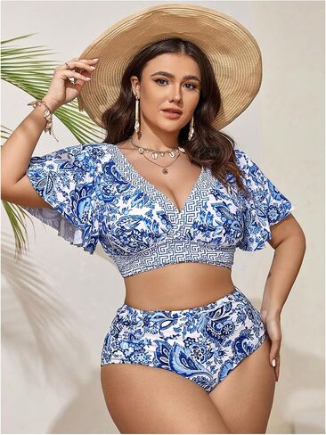 Oyoangle Women's Plus Size 2 قطعة من الأزهار طباعة البيكيني مجموعة V الرقبة كشكش قصير الأكمام in Saudi Arabia