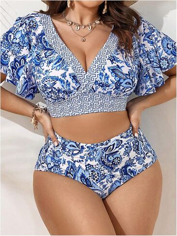 Oyoangle Women's Plus Size 2 قطعة من الأزهار طباعة البيكيني مجموعة V الرقبة كشكش قصير الأكمام in Saudi Arabia