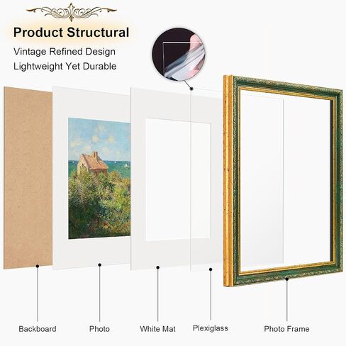 عتيقة 12x16 إطار الصورة ، إطارات صور ذهبية عتيقة مع شبكيات شبكي ، إطارات الصور المزخرفة عرض 8.5x11 مع حصيرة أو إطار 12x16 بدون ، جدار أو ديكور ، حزمة واحدة ، أخضر in Kuwait