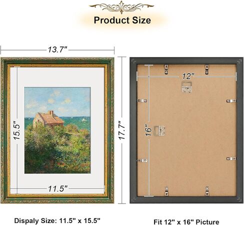 عتيقة 12x16 إطار الصورة ، إطارات صور ذهبية عتيقة مع شبكيات شبكي ، إطارات الصور المزخرفة عرض 8.5x11 مع حصيرة أو إطار 12x16 بدون ، جدار أو ديكور ، حزمة واحدة ، أخضر in Kuwait