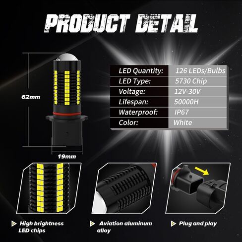 Sidaqi 12278 PSX26W LED Fog Light Bulbs 6000K White Extremely Bright 4000LM 126PCS 5730Chips PSX26W H28W Fog Lights Daytime Running Lights DRL for Cars Trucks 12-30V in Kuwait