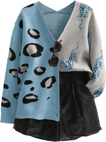 سترة WDIRARA النسائية ذات طباعة الفهد النمر ورقبة على شكل حرف V وأكمام طويلة وألوان متعددة وأزرار سفلية للارتداء الخارجي in Saudi Arabia
