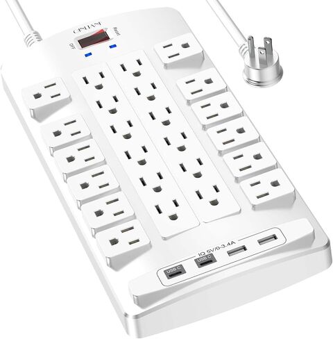 Surge Protector Power Strip - QINLIANF 6Ft Flat Plug Heavy Duty Extension Cord with 24 Outlets and 4 USB Ports(2 USB-C Ports), 1875W/15A, 4100J, for Home, Office, Dorm, ETL Listed, Black in Saudi Arabia