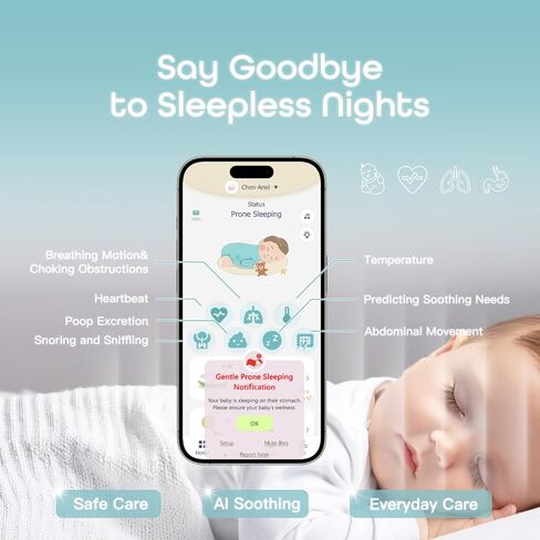 AI Smart Baby Monitor w/Free App, Tracking Breathing, Heart Rate & Sleep, Real-Time Alerts, Wireless & Portable, for Newborns to Toddlers (0-7 Years) in Saudi Arabia