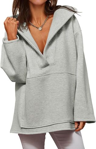 هوديز Fisoew Women's Swegshirts الضخم الحجم غير الرسمي Fleece v الرقبة الطويلة بأكمام طويلة مقنع in Kuwait