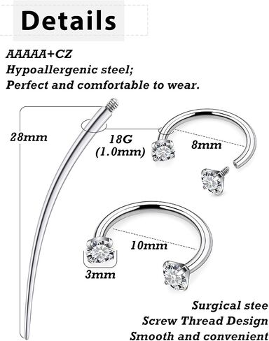 18g ASTM F136 Titanium Horseshoe Nose Ring -8mm 10mm Horseshoe Septum Jewelry - Lip Rings -U Shaped Hoop Rook Daith Earrings Hypoallergenic Clicker Silver - Piercing Taper Tool in Kuwait