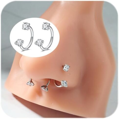 Modrsa Horseshoe Nose Ring 20g حصان الحذاء خاتم الأنف طوق للنساء من الصلب الجراحي الفضي نصف القرط الأطواق U شكل مزدوج الأحجار الكريمة Tragus Hoops Labret Lip Helix Piercing Jewelry Septum Rings 20gauge 8mm in Kuwait