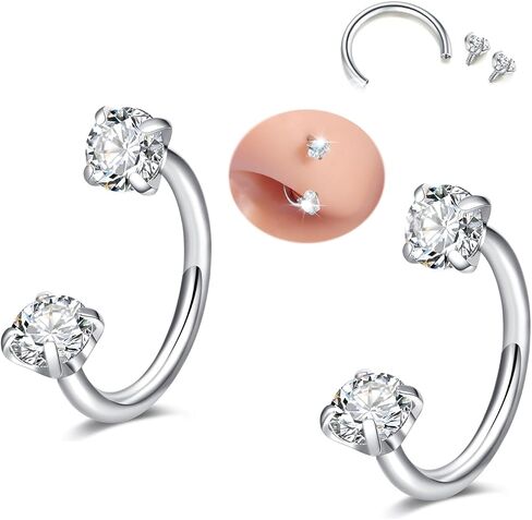 Modrsa Horseshoe Nose Ring 20g حصان الحذاء خاتم الأنف طوق للنساء من الصلب الجراحي الفضي نصف القرط الأطواق U شكل مزدوج الأحجار الكريمة Tragus Hoops Labret Lip Helix Piercing Jewelry Septum Rings 20gauge 8mm in Kuwait