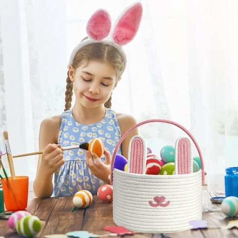 سلة عيد الفصح اللطيفة ، سلة أرنب عيد الفصح الكبيرة ، حبل القطن المنسوجة سلة عيد الفصح البيض للبنات ، الأولاد ، طفل صغير ، أطفال ، رضيع ، مع أكياس هدايا وشرائط ، أزرق in Kuwait