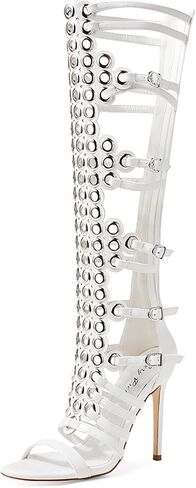 Women's 4.3IN Hollow Open Toe Knee High Boots Metal Buckle Stiletto Heels Nightclub Party Wedding Shoes in Saudi Arabia