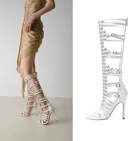 Women's 4.3IN Hollow Open Toe Knee High Boots Metal Buckle Stiletto Heels Nightclub Party Wedding Shoes in Saudi Arabia