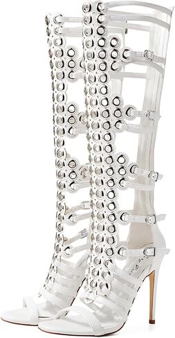 Women's 4.3IN Hollow Open Toe Knee High Boots Metal Buckle Stiletto Heels Nightclub Party Wedding Shoes in Saudi Arabia