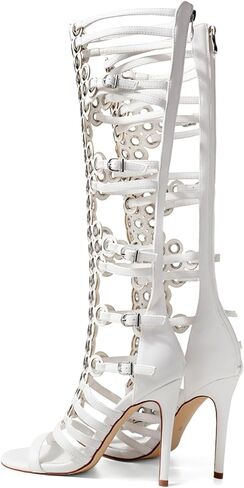 Women's 4.3IN Hollow Open Toe Knee High Boots Metal Buckle Stiletto Heels Nightclub Party Wedding Shoes in Saudi Arabia