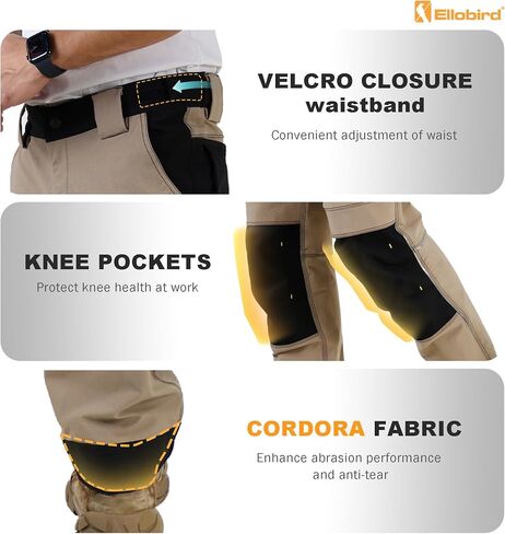 Ellobird Men's Work Utility Pants, Relaxed Fit 4 Way Stretch, Construction Carpenter Cargo Tactical, Durable Cordura in Kuwait