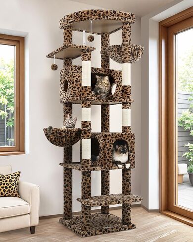S74 Heavy Duty Cat Tree, 74in Sturdy Cat Tree for Large Cats 20 lbs, Big Cat Tree with 5 Sisal Scratching Posts, 2 Padded Condos, 2 Dual-Ear Hanging Baskets, Enlarged Top Perch, Dark Grey in Kuwait