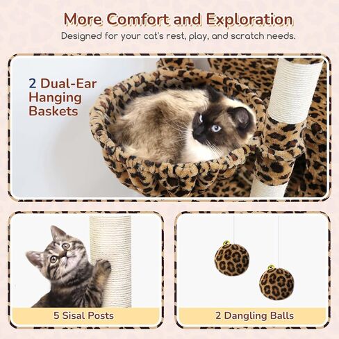 S74 Heavy Duty Cat Tree, 74in Sturdy Cat Tree for Large Cats 20 lbs, Big Cat Tree with 5 Sisal Scratching Posts, 2 Padded Condos, 2 Dual-Ear Hanging Baskets, Enlarged Top Perch, Dark Grey in Kuwait