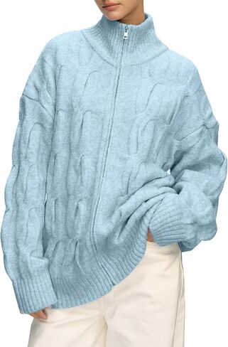 Cable Knit Zip Up Cardigan Turtleneck Sweaters Unisex Open Front Zipper Oversized Sweater in Saudi Arabia