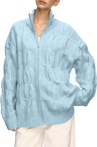 Cable Knit Zip Up Cardigan Turtleneck Sweaters Unisex Open Front Zipper Oversized Sweater in Saudi Arabia