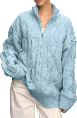 Cable Knit Zip Up Cardigan Turtleneck Sweaters Unisex Open Front Zipper Oversized Sweater in Saudi Arabia