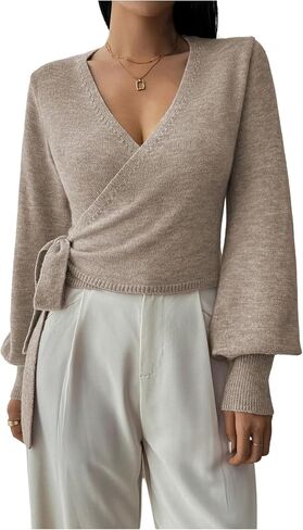 SHENHE Women's Casual V Neck Wrap Sweater Pullover Long Sleeve Slim Fit Knit Crop Top Sweater in Kuwait