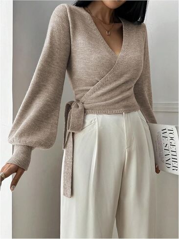 SHENHE Women's Casual V Neck Wrap Sweater Pullover Long Sleeve Slim Fit Knit Crop Top Sweater in Kuwait