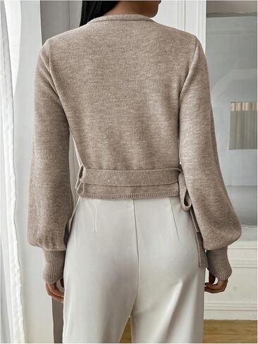 SHENHE Women's Casual V Neck Wrap Sweater Pullover Long Sleeve Slim Fit Knit Crop Top Sweater in Kuwait