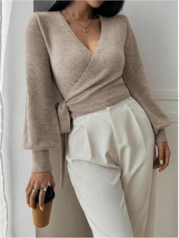 SHENHE Women's Casual V Neck Wrap Sweater Pullover Long Sleeve Slim Fit Knit Crop Top Sweater in Saudi Arabia