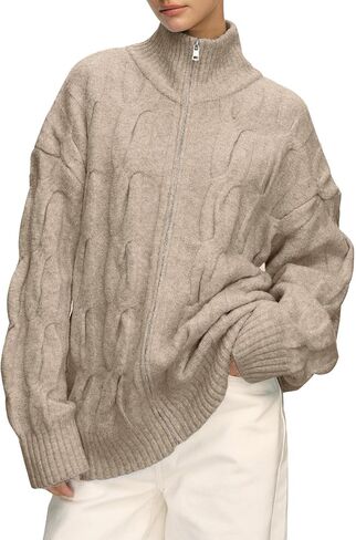 Cable Knit Zip Up Cardigan Turtleneck Sweaters Unisex Open Front Zipper Oversized Sweater in Saudi Arabia