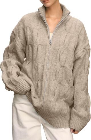 Cable Knit Zip Up Cardigan Turtleneck Sweaters Unisex Open Front Zipper Oversized Sweater in Saudi Arabia