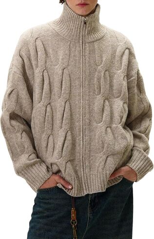 Cable Knit Zip Up Cardigan Turtleneck Sweaters Unisex Open Front Zipper Oversized Sweater in Saudi Arabia