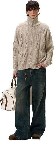 Cable Knit Zip Up Cardigan Turtleneck Sweaters Unisex Open Front Zipper Oversized Sweater in Saudi Arabia