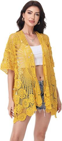 Anna-Kaci Crochet Lace Cardigan Kimono Top with Boho Floral Patterns for Beach, Vacation, or Casual Layering in Saudi Arabia