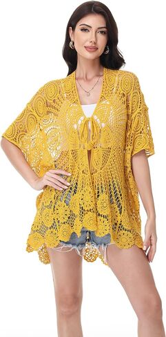 Anna-Kaci Crochet Lace Cardigan Kimono Top with Boho Floral Patterns for Beach, Vacation, or Casual Layering in Saudi Arabia