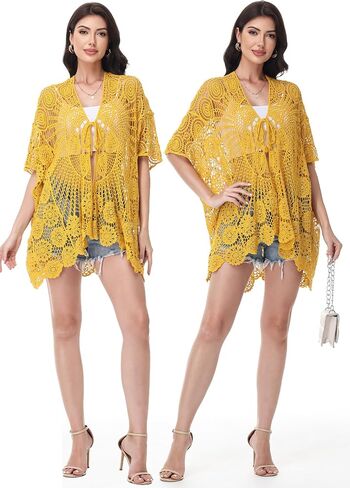Anna-Kaci Crochet Lace Cardigan Kimono Top with Boho Floral Patterns for Beach, Vacation, or Casual Layering in Saudi Arabia