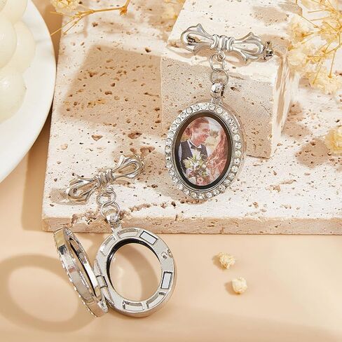 SUPERFINDINGS 2Pcs Wedding Bouquet Photo Charm Bouquet Photo Locket Charms Brass Bridal Brooches Bow Tie Wedding Memorial Brooches Pins Oval Frame Pin Brooch for Bridal Decorations in Saudi Arabia